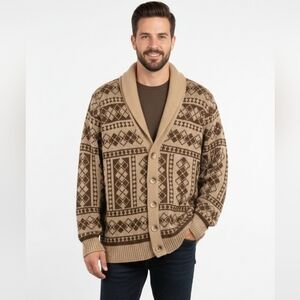 Sportswear Vintage Men's Oversized Brown Argyle Patterned Grandpa Sweater Medium